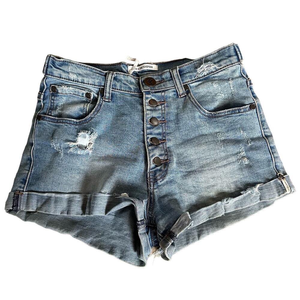 One Teaspoon Harlets High Rise Distressed Denim Shorts Light Wash Blue Size 27